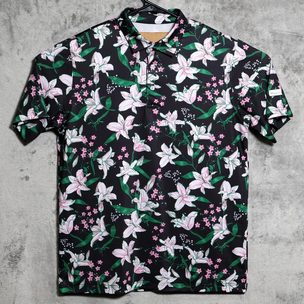 Waggle Polo Shirt Mens Large Black Pink Floral Golf Performance Stretch Jersey - Picture 2 of 8